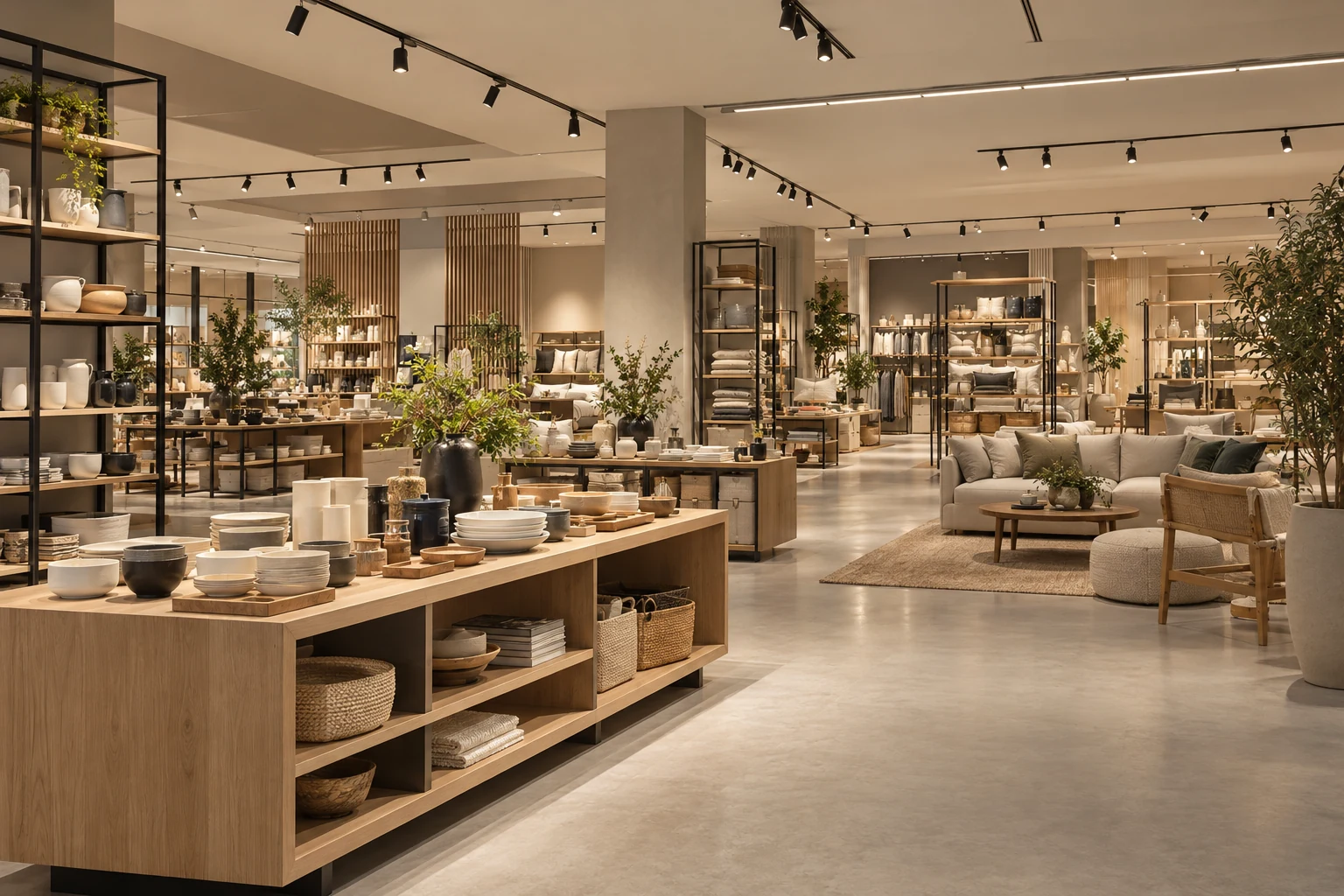 Concept large-format retail showroom with coordinated linear and accent lighting across product displays