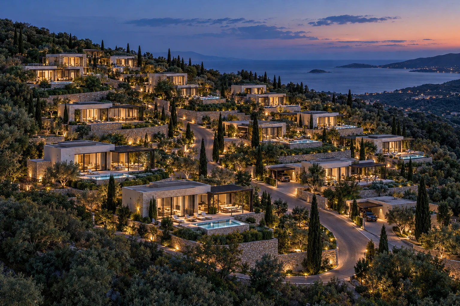 Hillside multi-villa development concept with terraced homes, private pools and a softly lit shared road