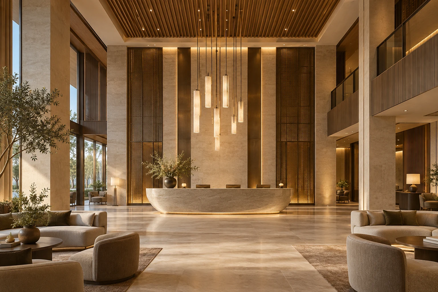 Concept hotel lobby with warm architectural lighting, a sculptural reception desk and suspended pendants