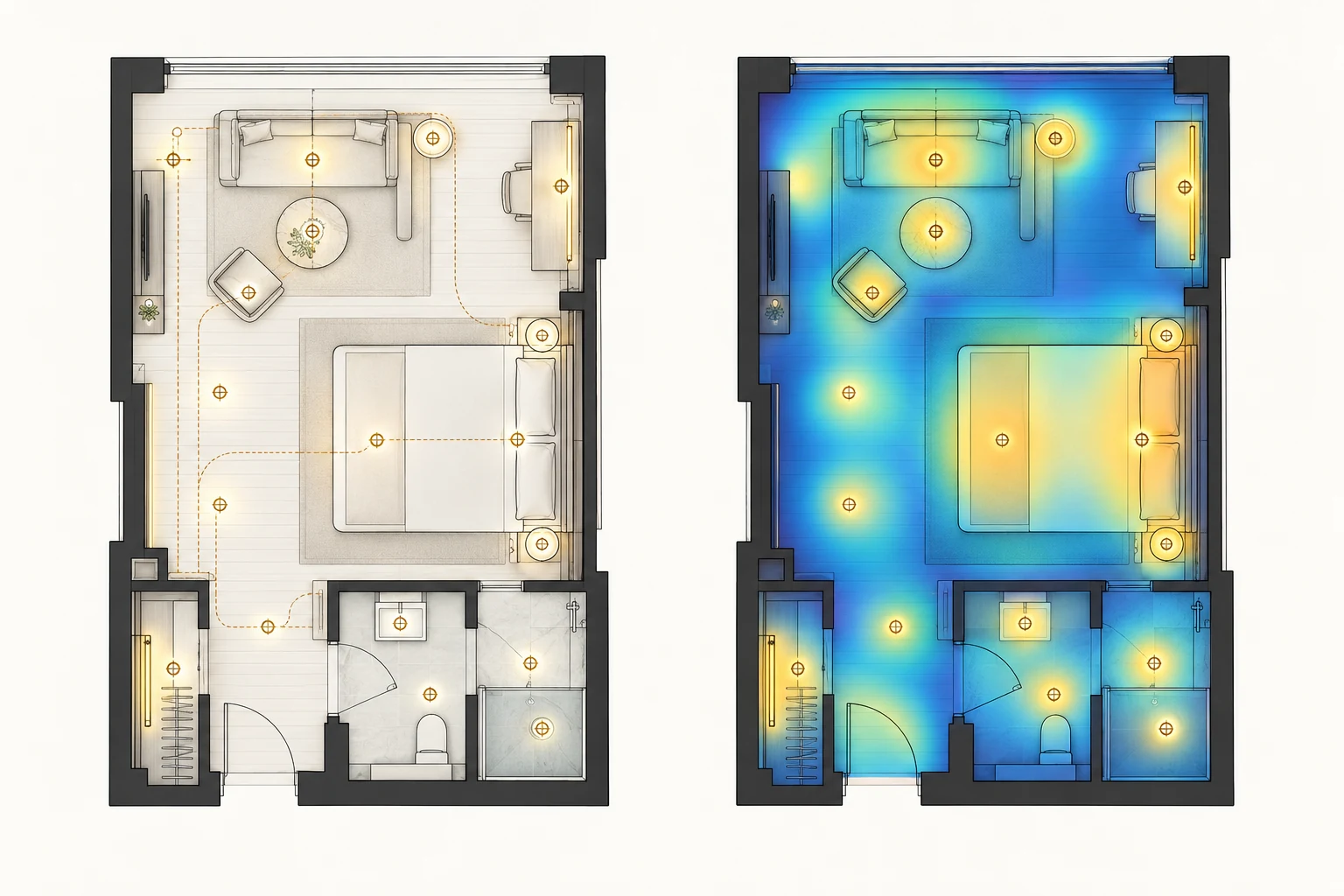 Illustrative suite lighting schematic beside a non-numerical false-colour lighting map; not a verified calculation