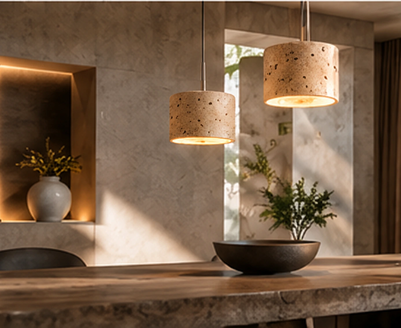 Two matching natural-stone drum pendants above a warm timber table