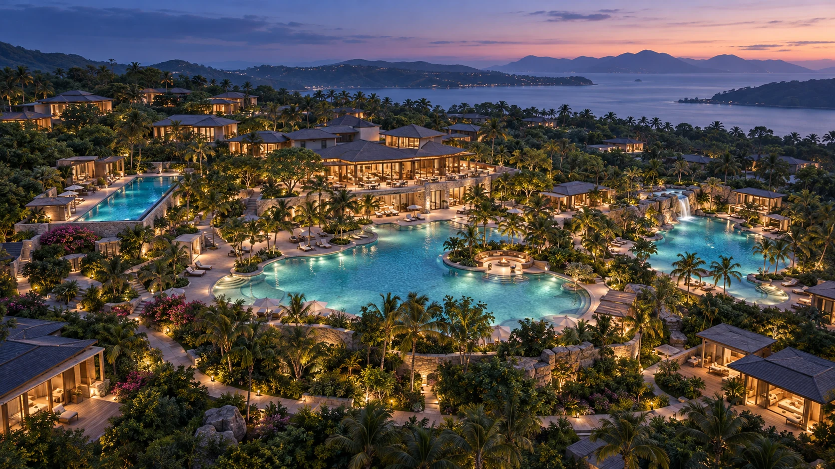 Aerial resort concept at dusk with multiple swimming pools, tropical landscaping and illuminated guest buildings